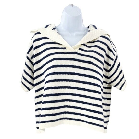 Tuckernuck NEW Ivory and Navy Stripe Claire Nautical Polo Crop Sweater Size L - Picture 3 of 10